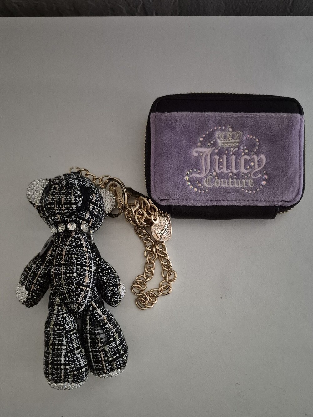 Juicy Couture Purple Suede Logo Wallet with Black & White Tweed Teddy Keychain